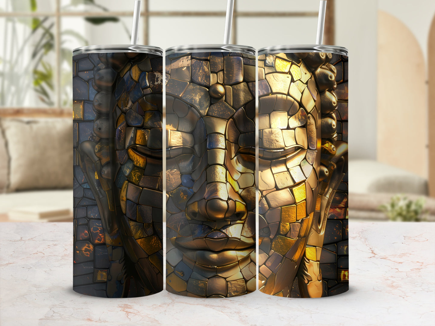 Triptych of a golden Buddha face mosaic on a skinny tumbler.