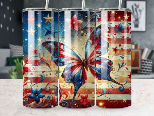 Three tumblers with patriotic butterfly and floral designs.