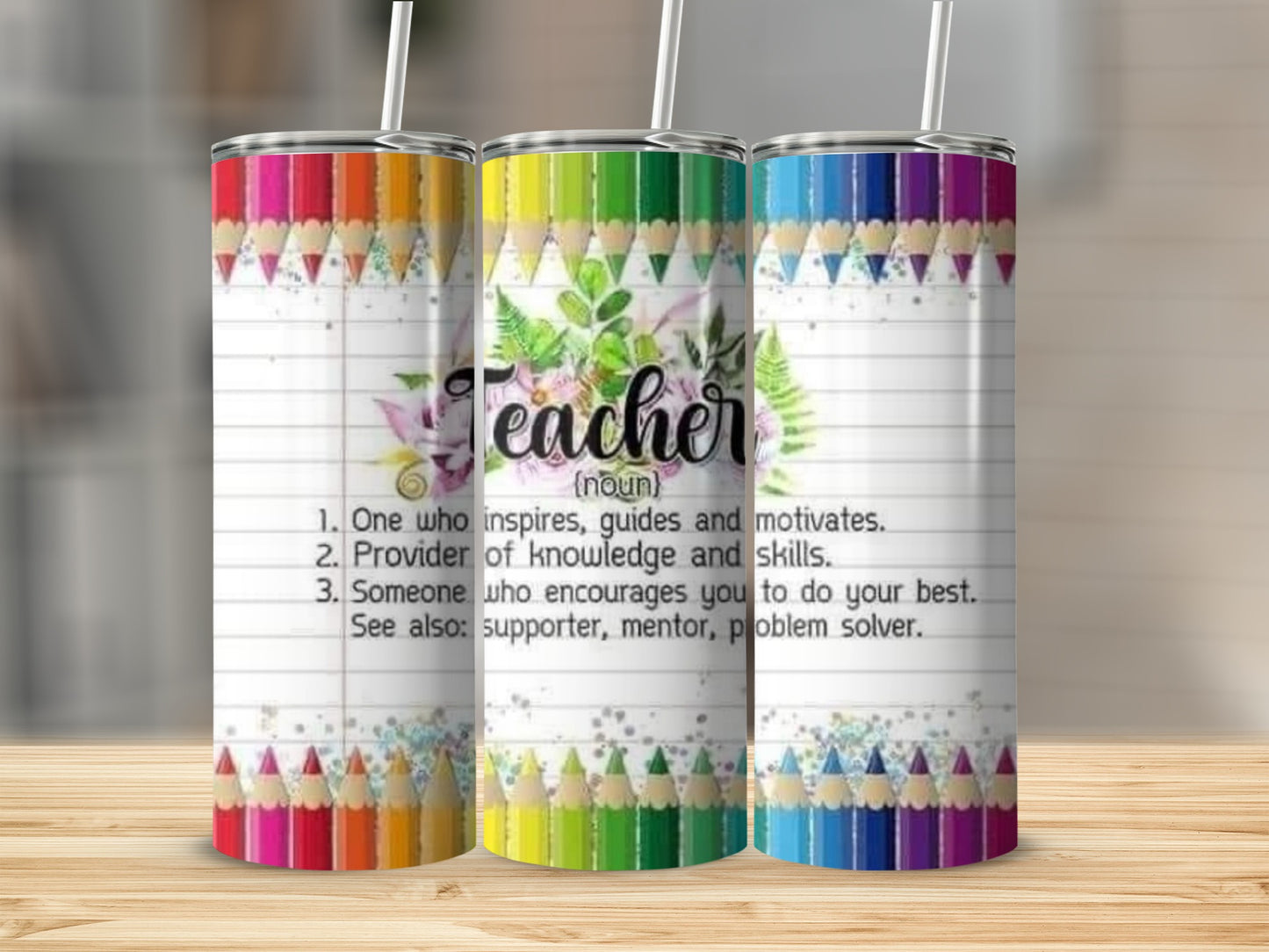 Teacher Definition With Flowers And Pencils Tumblers