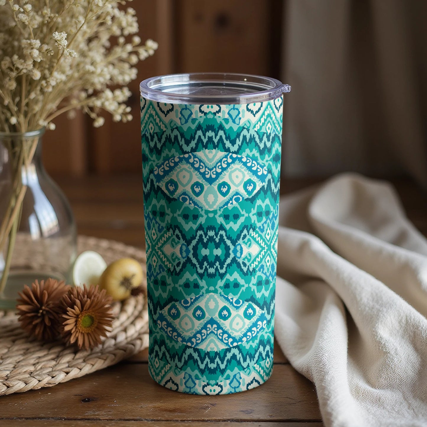 Geometric Teal Patterned Tall Insulated Drinkware Tumbler