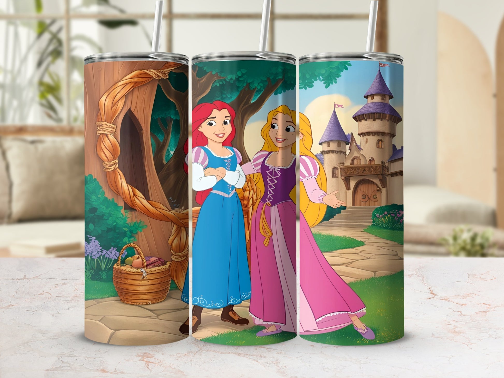 Ariel and Rapunzel stand in a castle courtyard, with a woven basket.