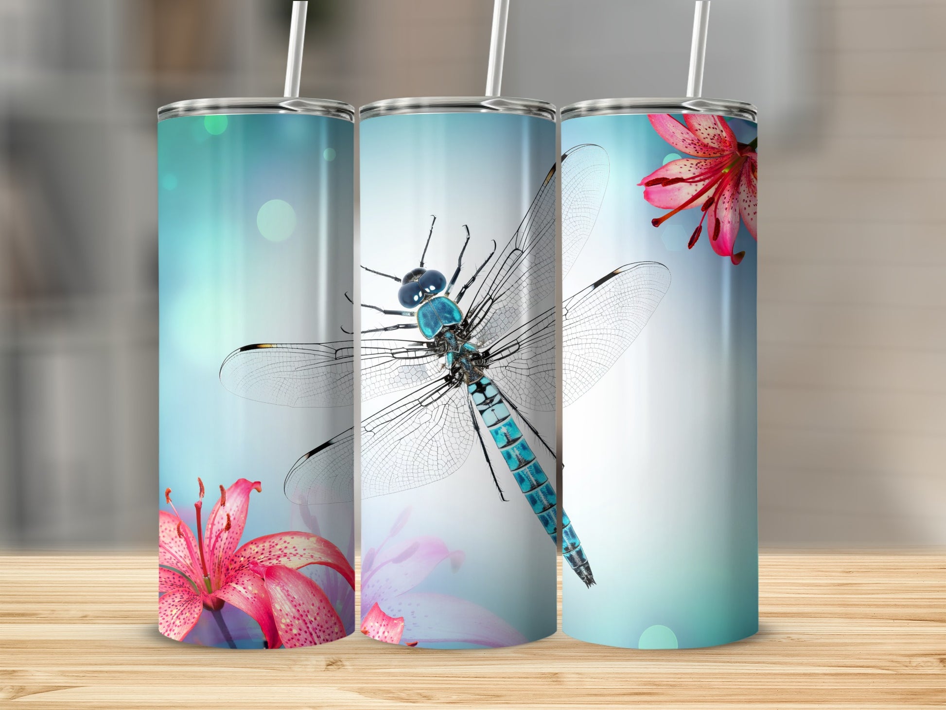 Dragonfly and Pink Flowers Design Tumbler Cup