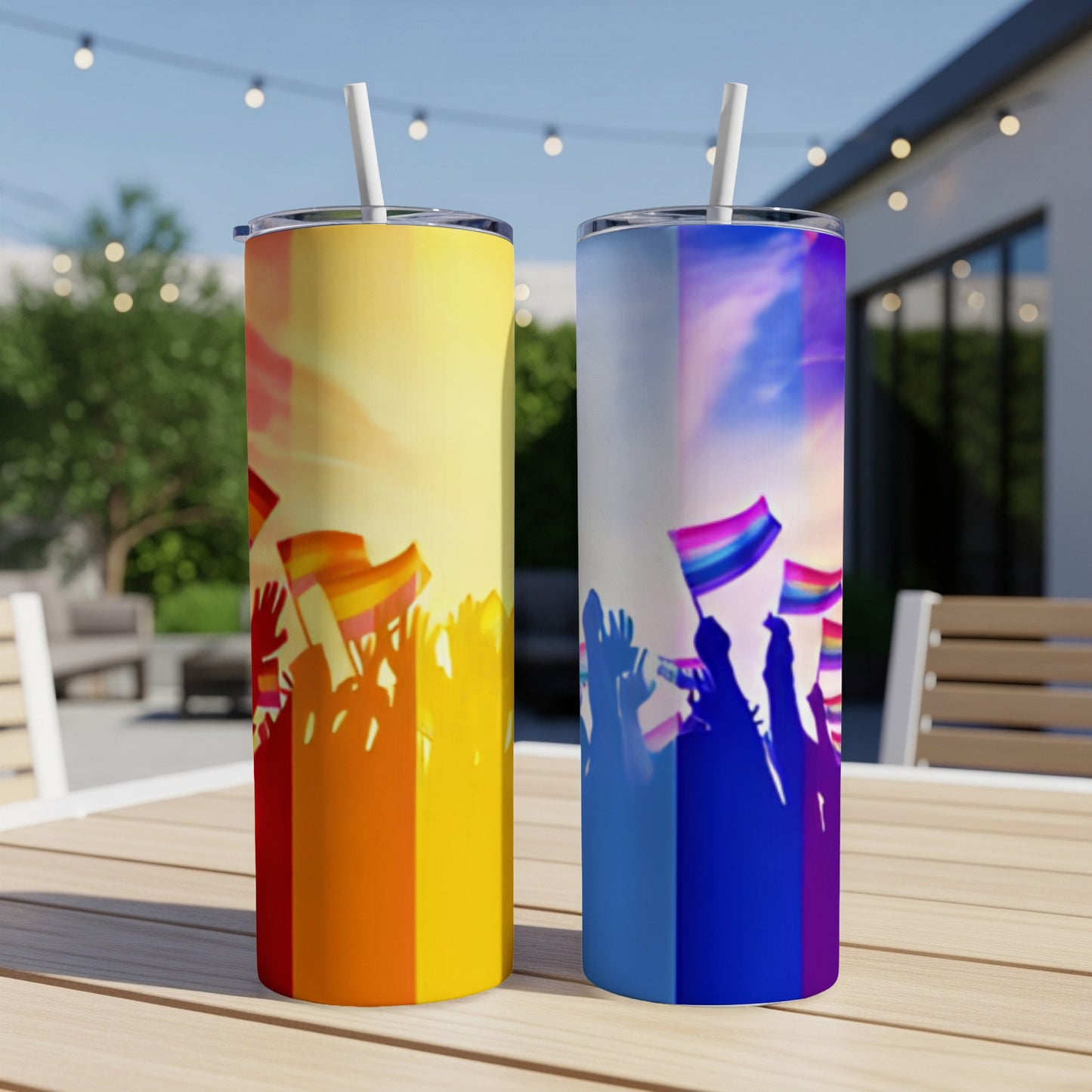 Two tumblers with rainbow flag silhouettes against a gradient sky.