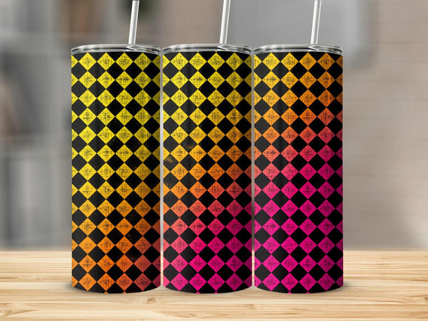 Three tumblers with diamond pattern in yellow, orange, and pink gradients.