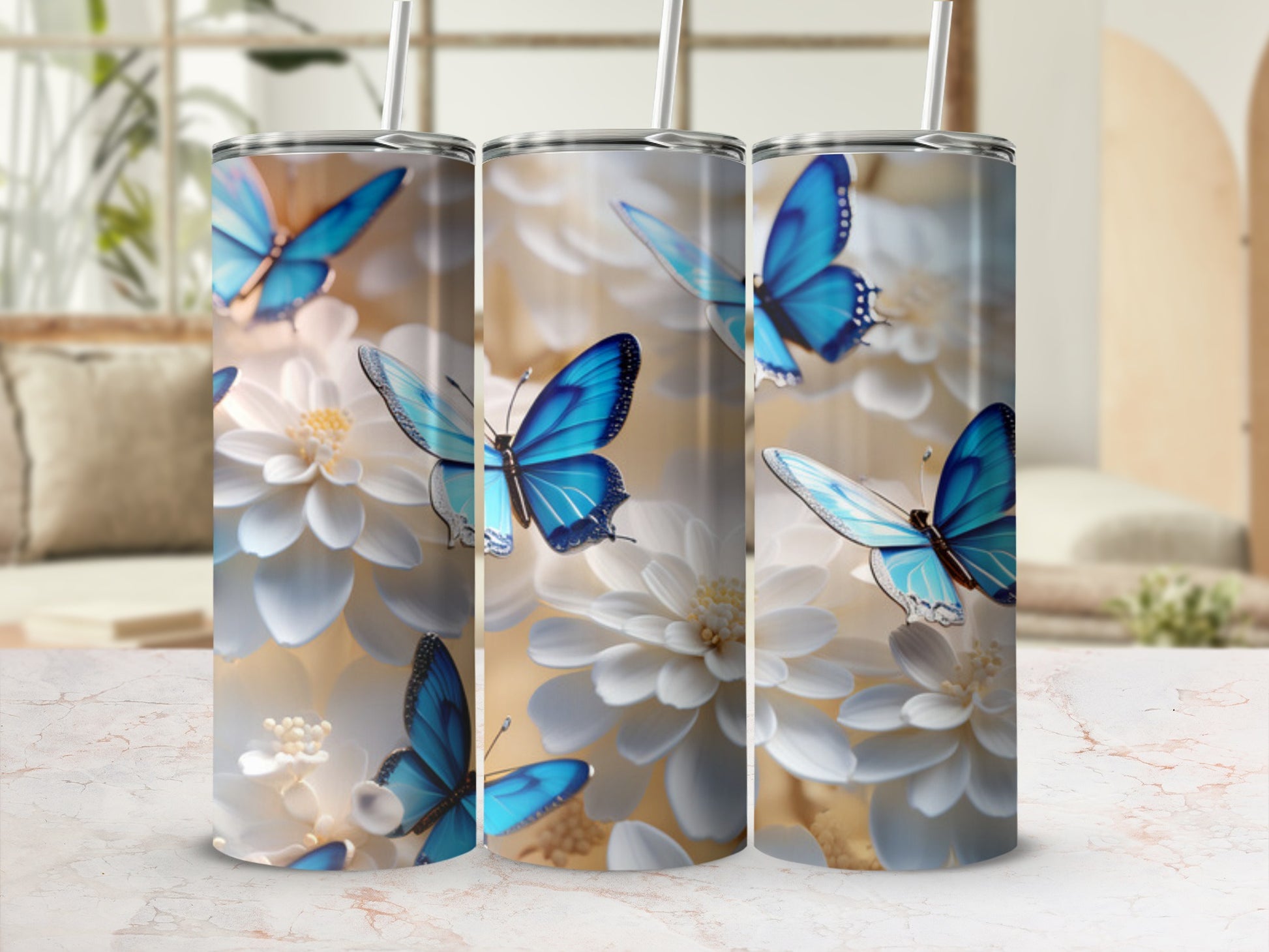 Blue butterflies on white floral background, tumbler mockup.
