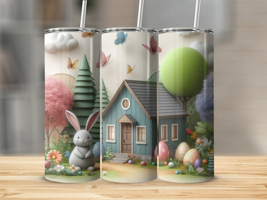 Easter bunny, house, and decorated eggs with butterflies on a tumbler.