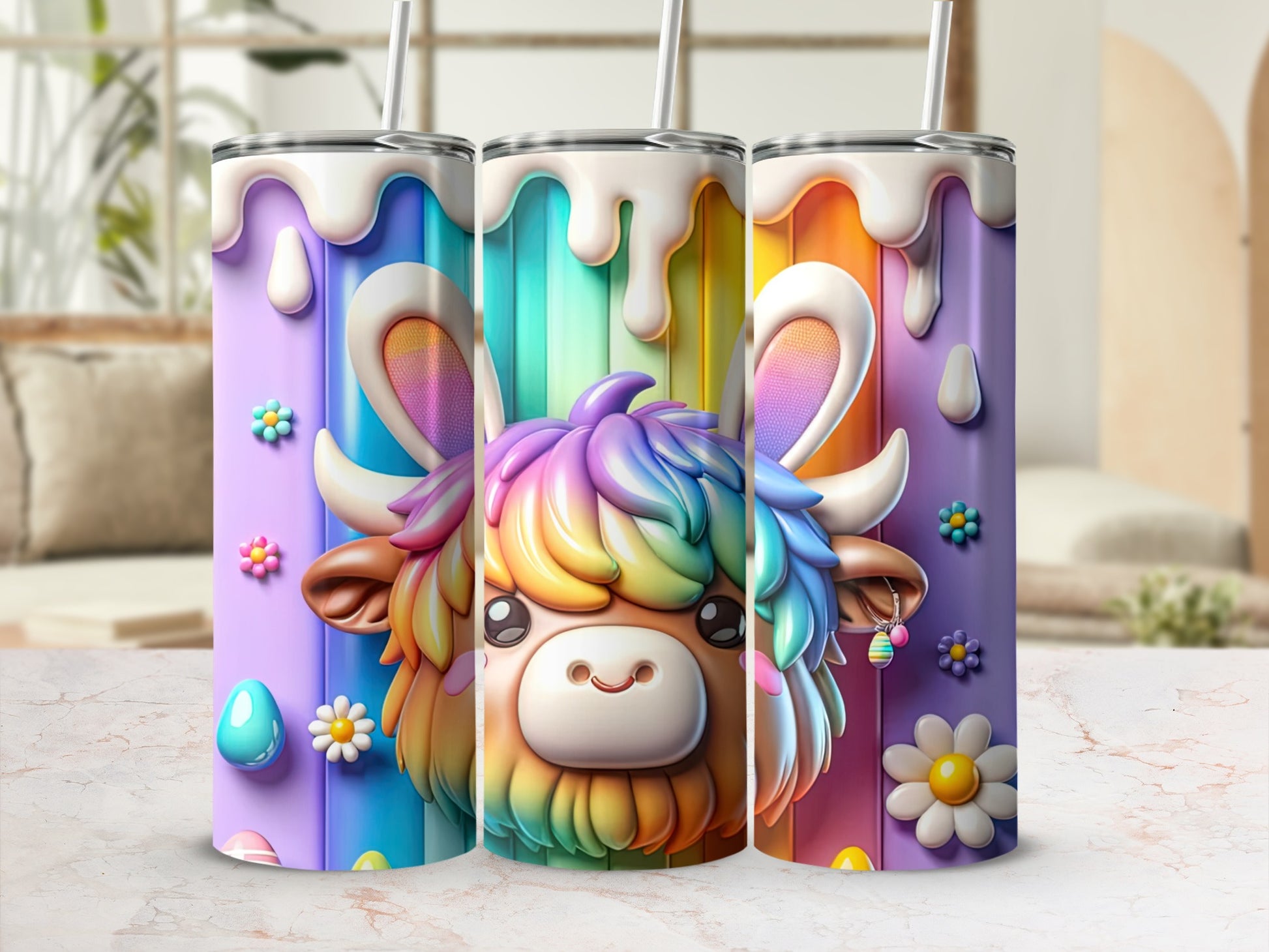 Colorful tumbler with cartoon cow and rainbow drips, Easter egg charm.