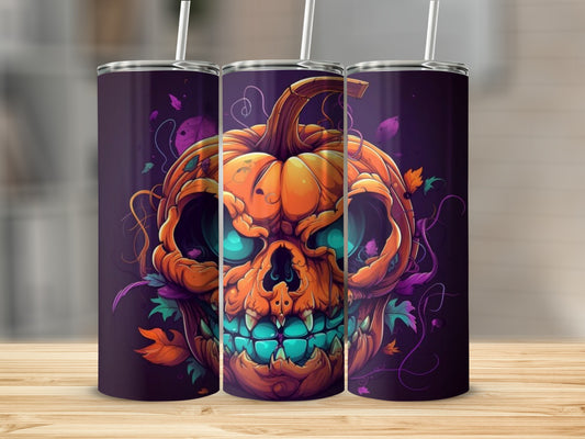Halloween pumpkin skull design on three tumblers with straws.