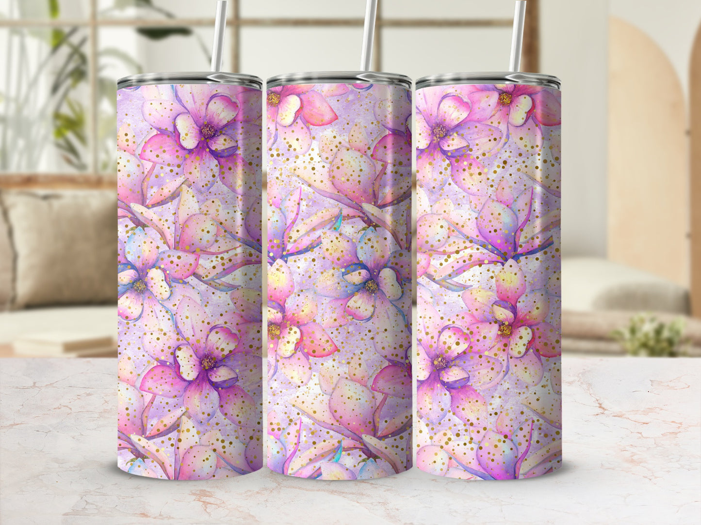 Floral Abstract Design Tumbler with Straw 20oz Tumbler