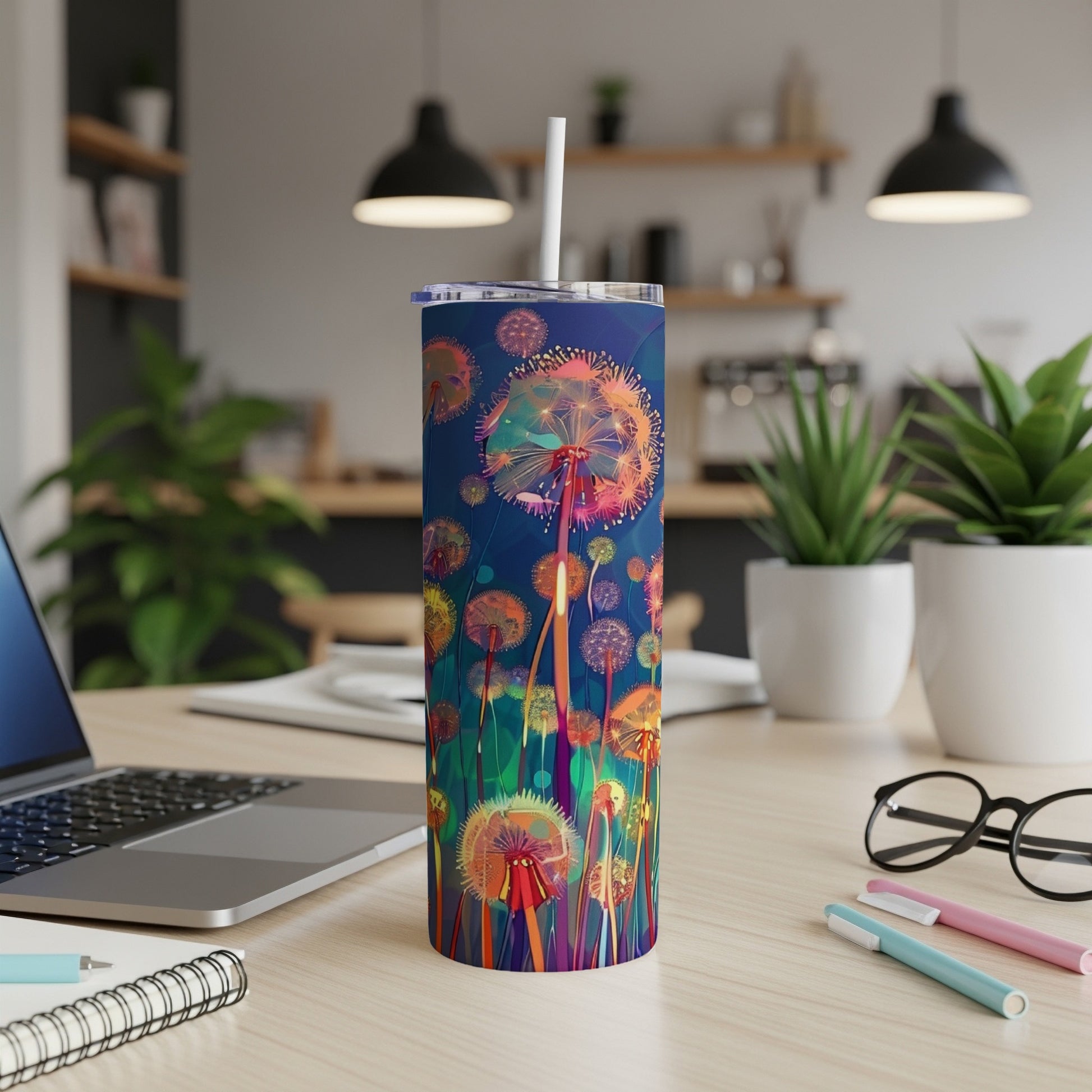 Tall tumbler with dandelion design and straw on a desk.