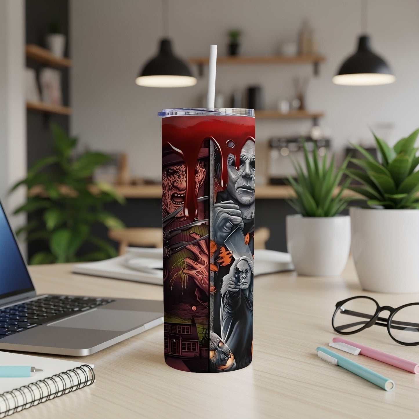 Tumbler with horror movie villains, including Freddy Krueger and Michael Myers.