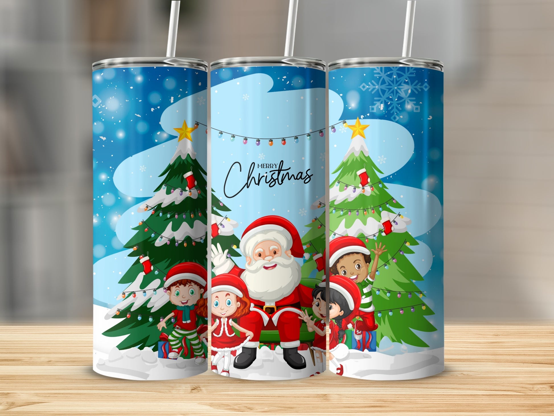 Festive Santa and Kids Merry Christmas Holiday Tumbler