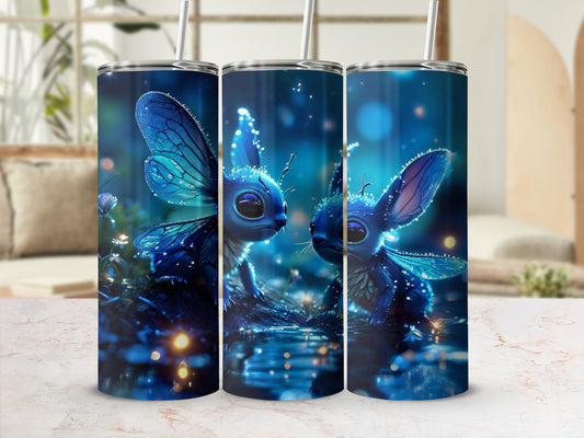 Three tumblers featuring a glowing blue fairy creature with butterfly wings.