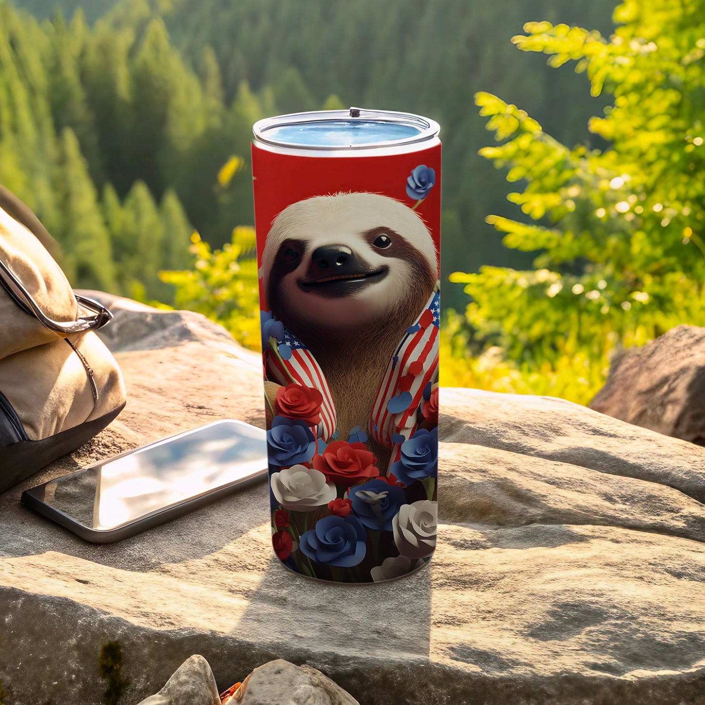 Tumbler with a smiling sloth wearing a flag, surrounded by patriotic flowers.