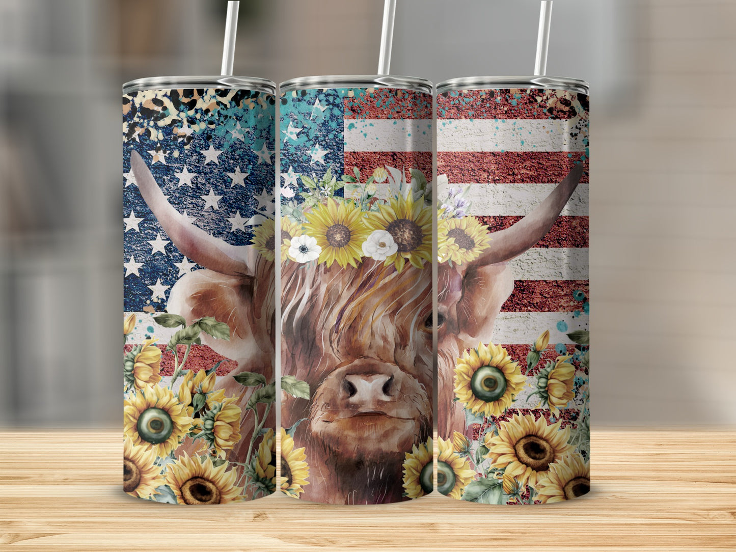 Highland cow with sunflowers and American flag design on a tumbler.