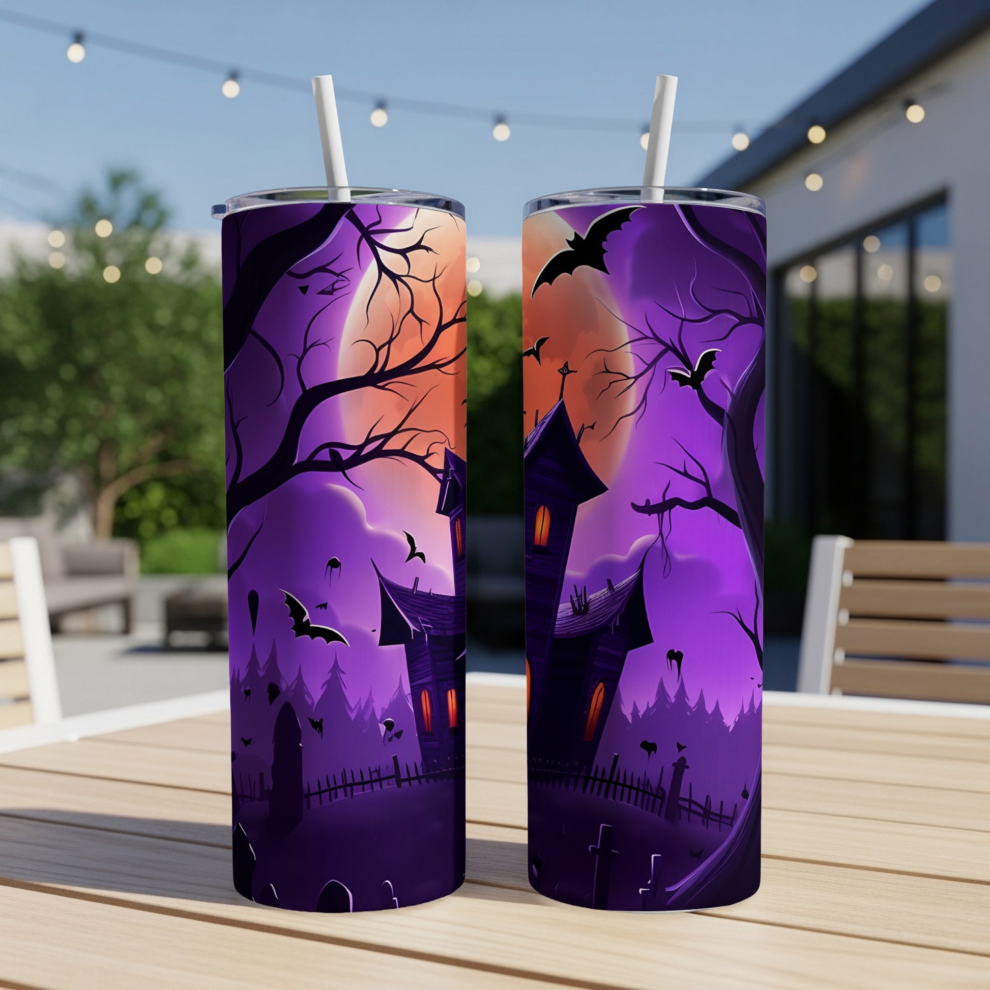 Two tumblers with Halloween haunted house and bat designs on an outdoor table.