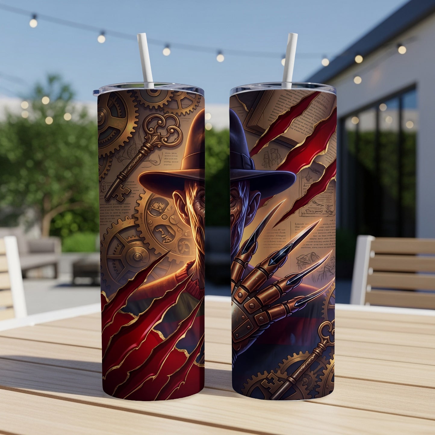 Two tumblers with steampunk-inspired horror art featuring a hat-wearing figure with clawed hands.