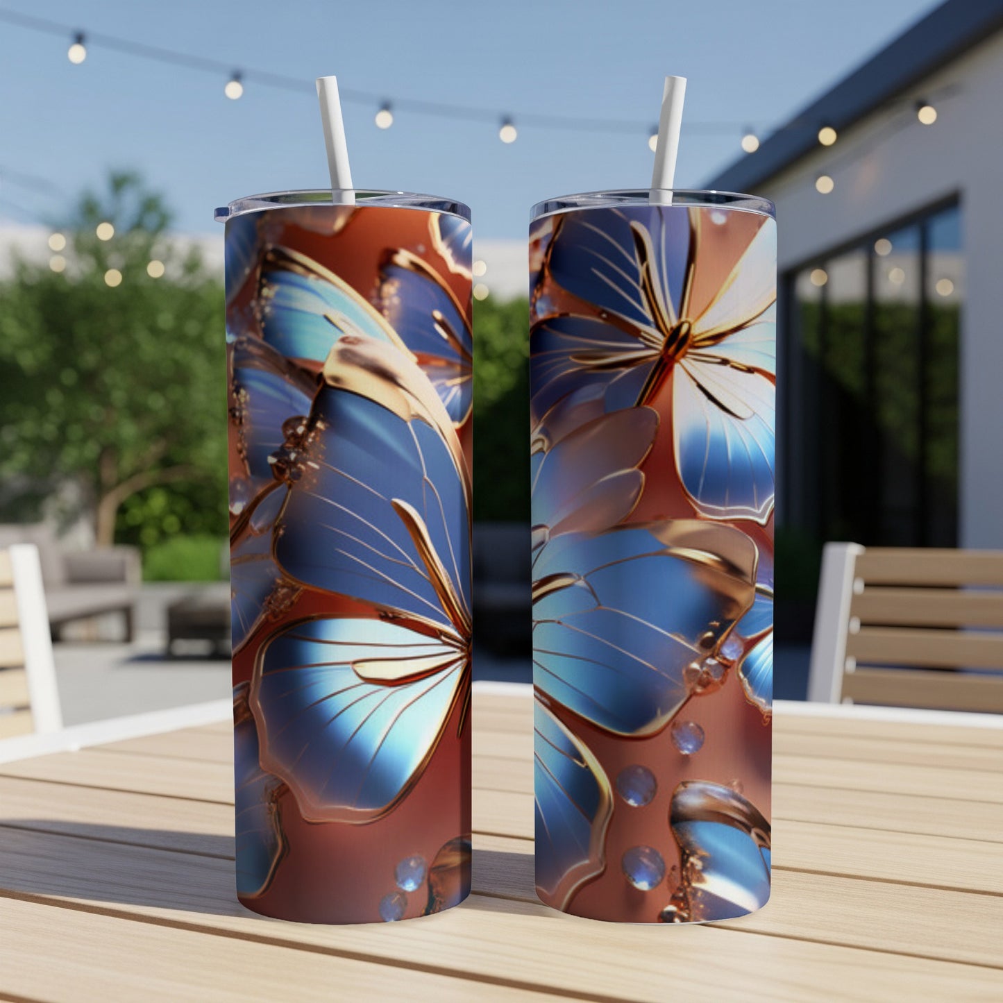 Two tall tumblers with iridescent blue butterflies and dew drops on a patio table.