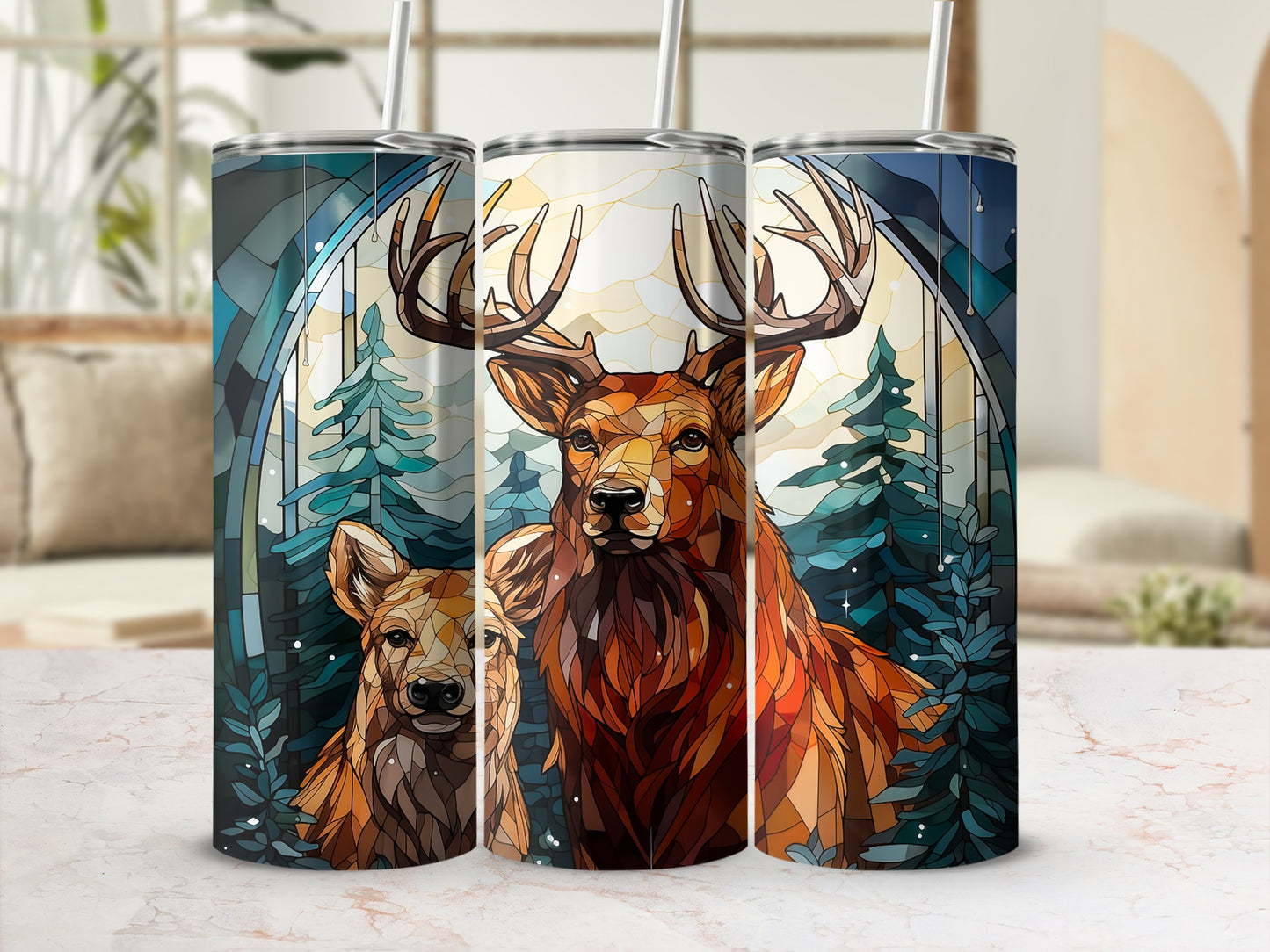Three tumblers featuring a deer and fawn in a forest scene.