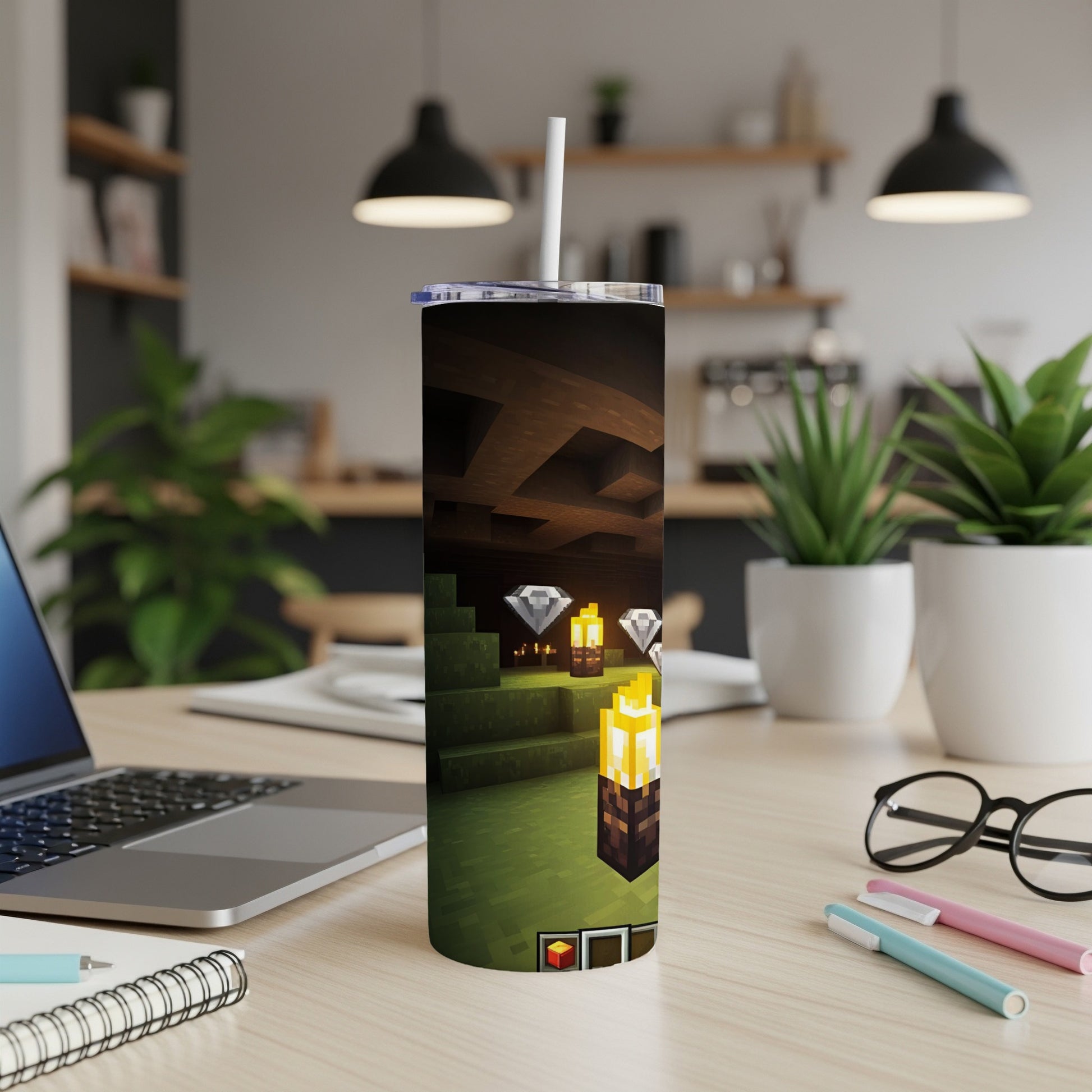 Minecraft-themed tumbler with diamonds and torches on a green background.