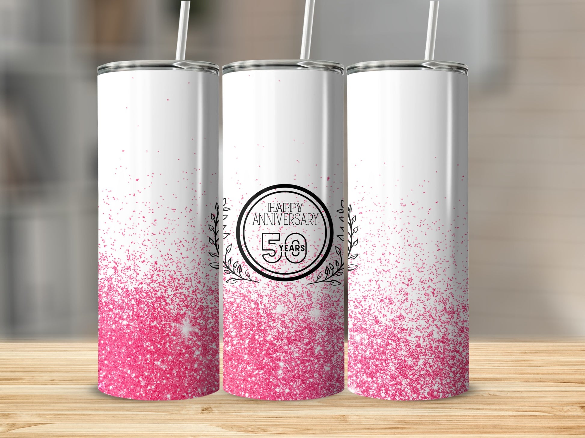 Three white tumblers with pink glitter and "Happy Anniversary" text.