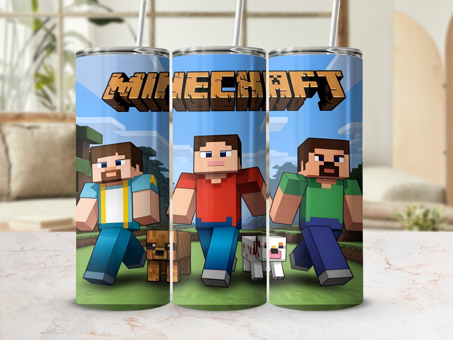 Minecraft characters Steve and Alex with dogs on a tumbler.