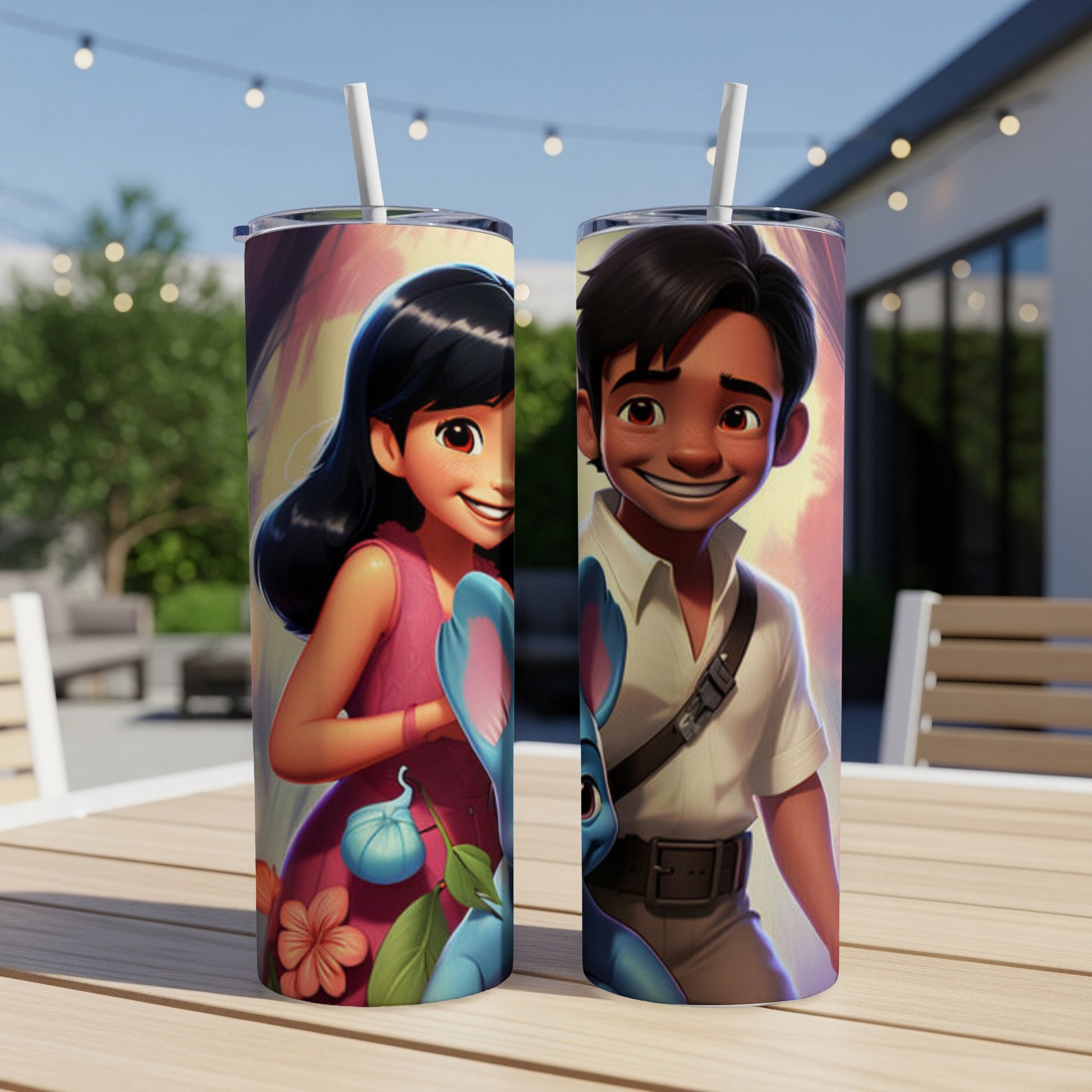 Animated characters Lilo and Stitch on a double-sided tumbler.