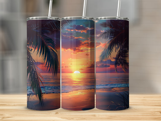 Three tumblers with a sunset beach scene, palms in foreground.