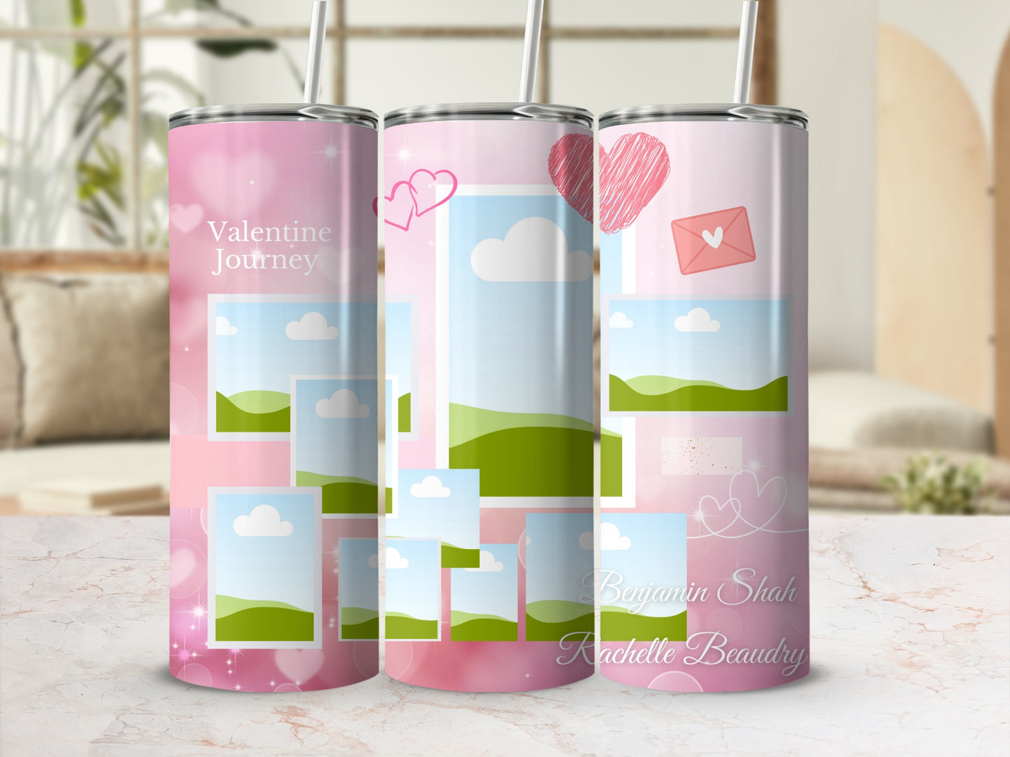 Three pink tumblers with a collage of sky and landscape photo frames and hearts.