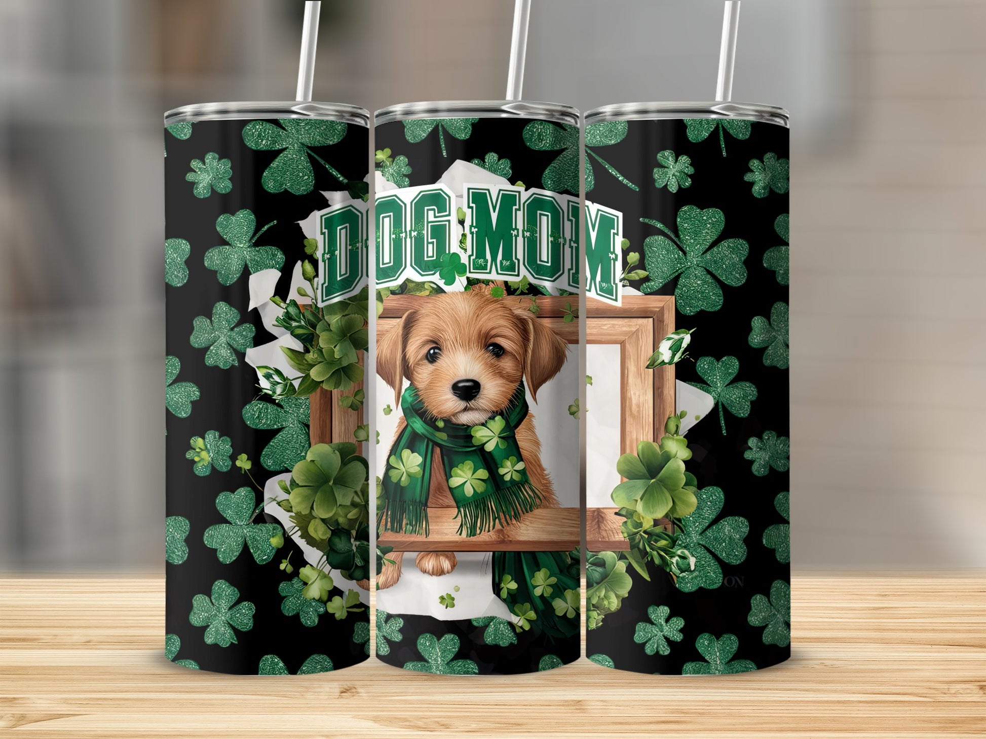 Dog Mom tumbler with puppy and shamrocks.