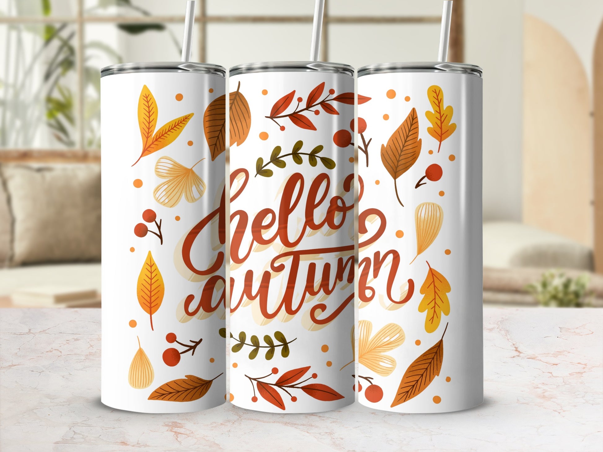 Hello Autumn Fall Leaves Design Tumbler Flask Gift