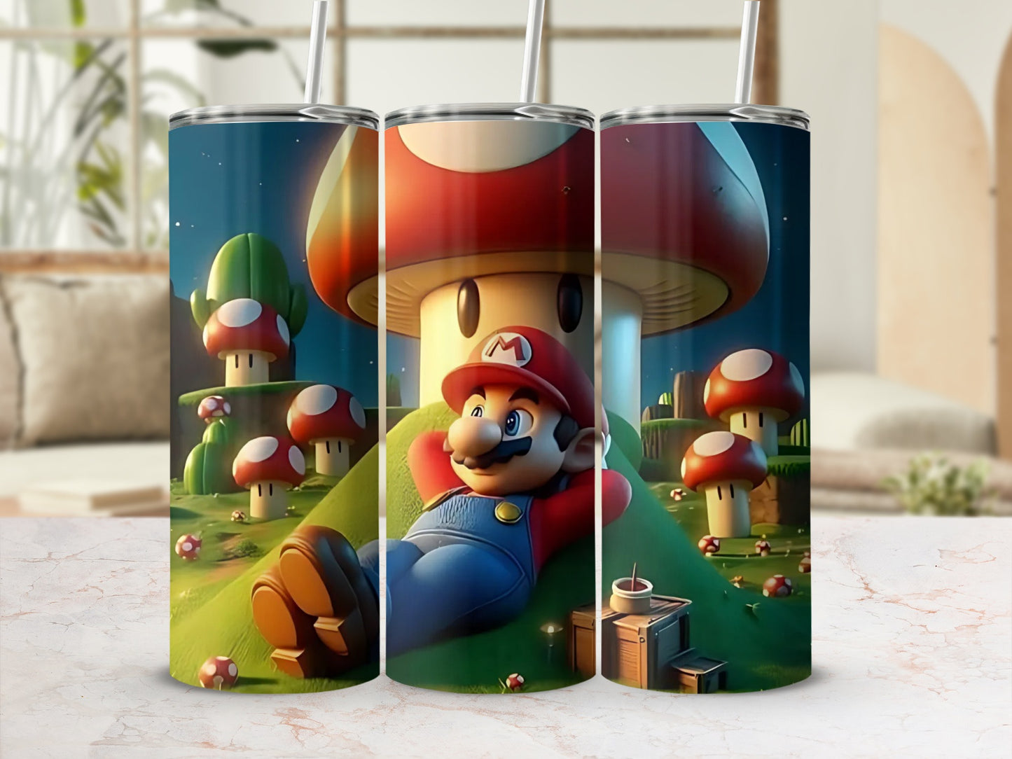Relaxed Character with Mushrooms Design Tumbler Cups
