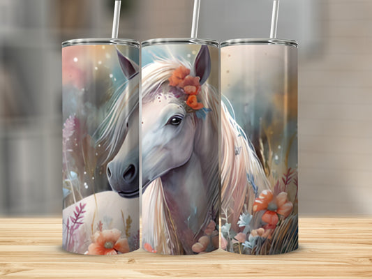 Horse wearing a floral wreath on a rustic wooden surface.