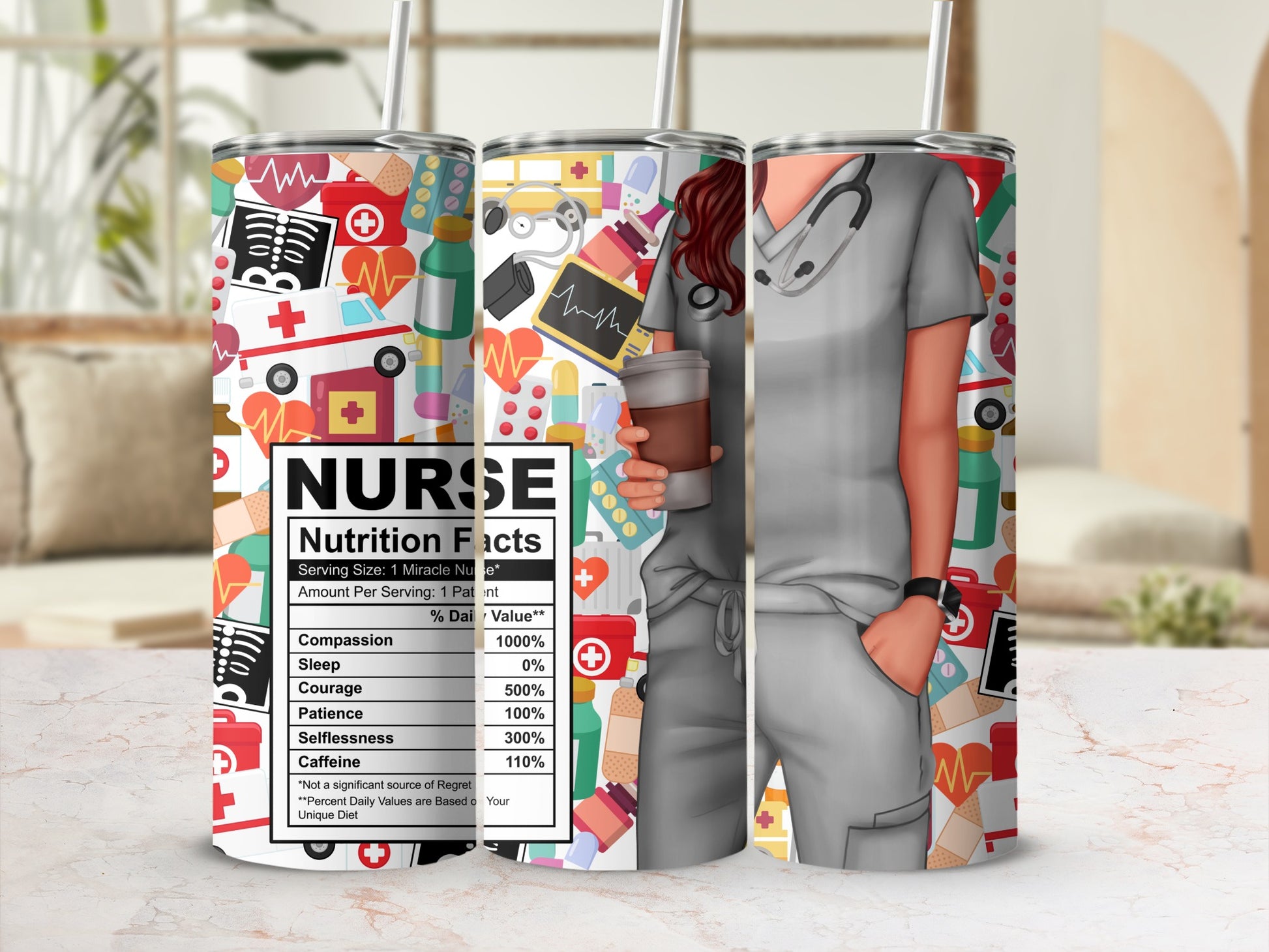 Nurse tumbler with nutrition facts label, medical icons, and coffee cup.