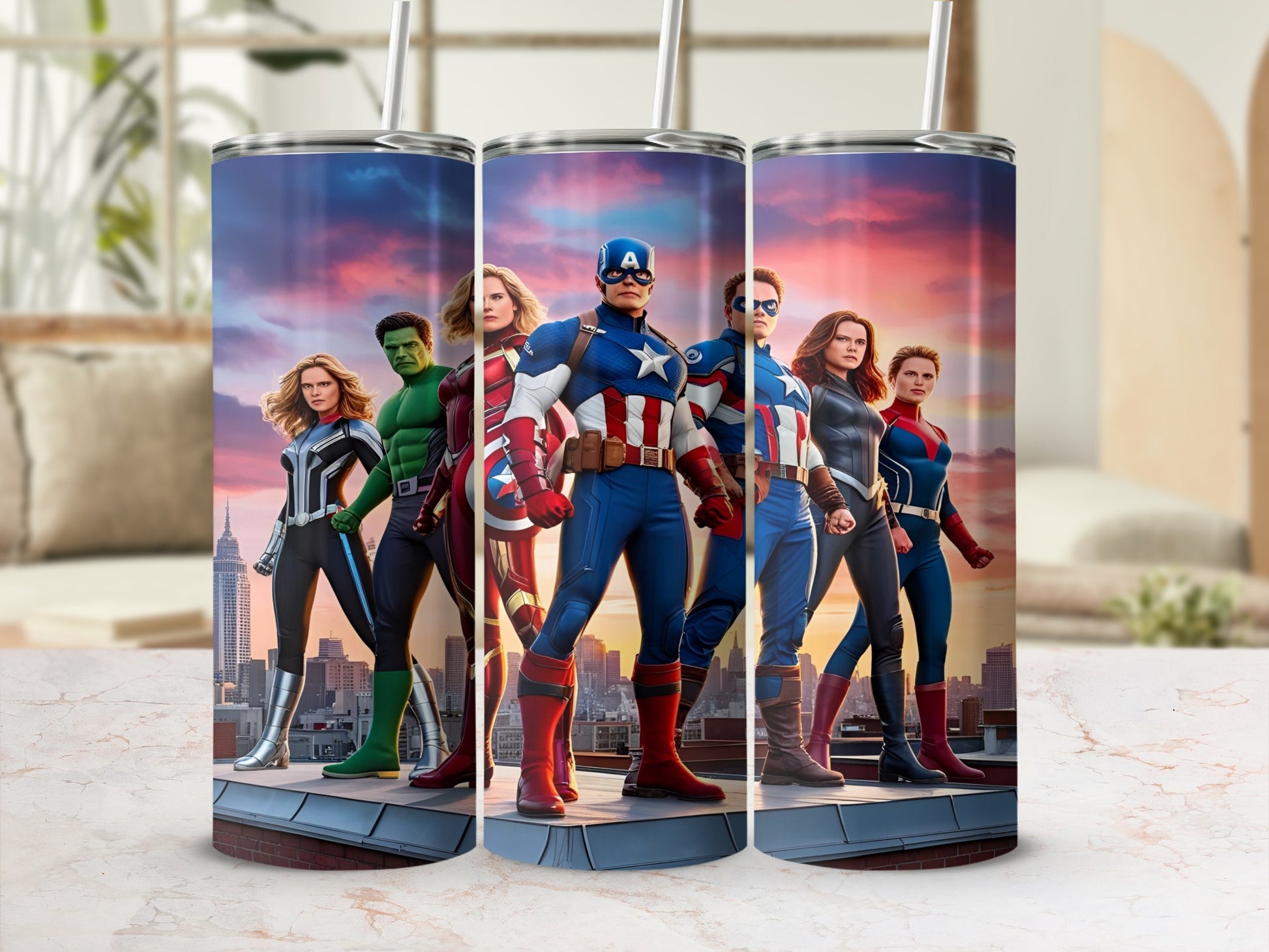 Avengers standing on a rooftop with a city skyline background.