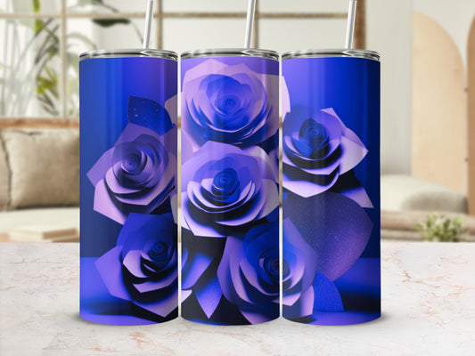 Three purple rose tumblers with glitter accents on a counter.