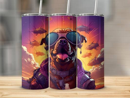 Dog wearing aviator sunglasses and futuristic outfit, surrounded by spaceships in sunset sky.