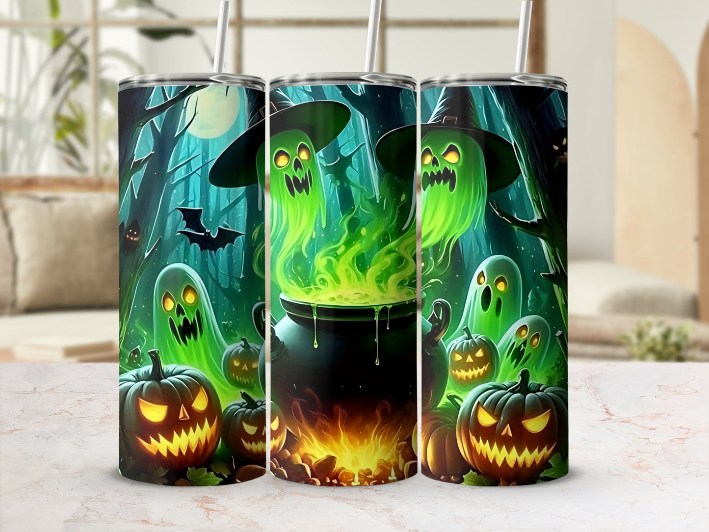 Three tumblers feature a Halloween scene with ghosts, pumpkins, and a cauldron.