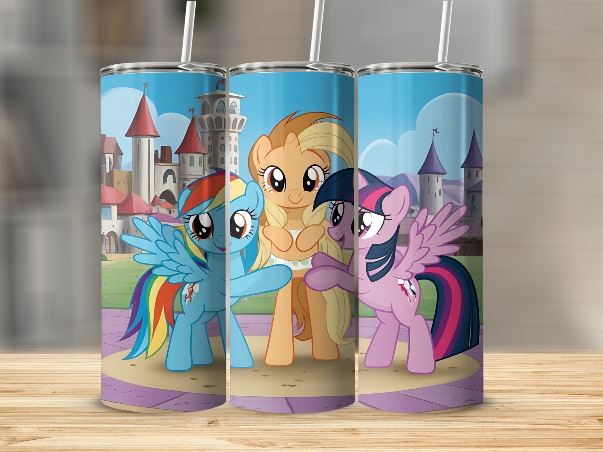 My Little Pony characters Rainbow Dash, Applejack, and Twilight Sparkle on a tumbler.