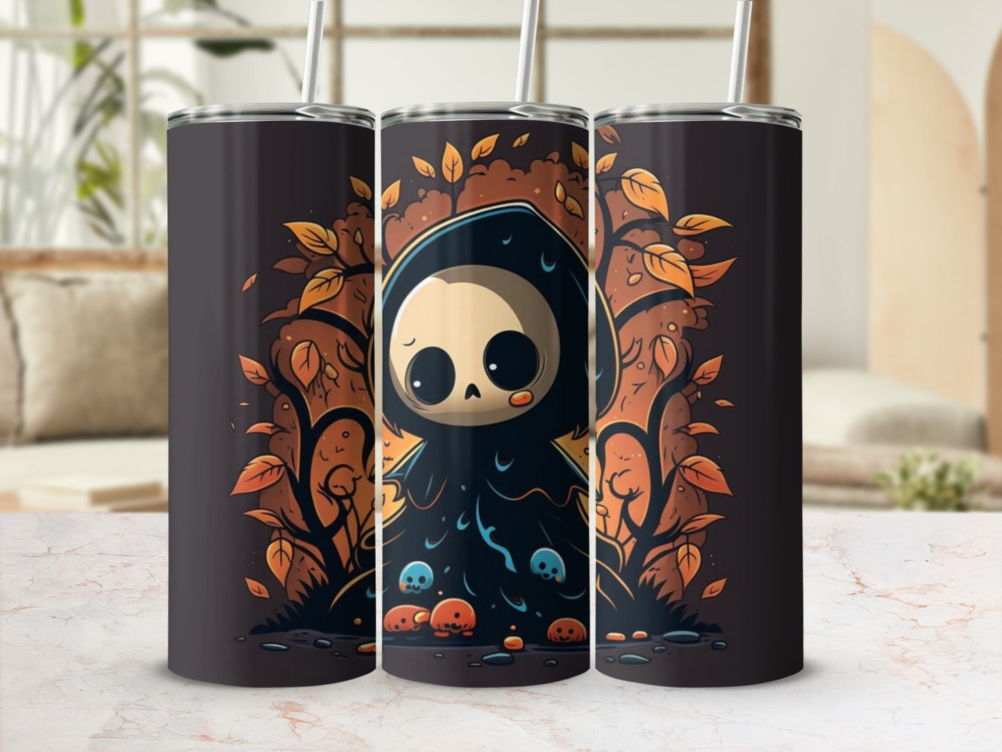 Three tumblers featuring a cute, dark-robed grim reaper surrounded by autumn leaves and skulls.