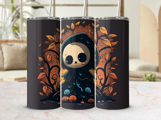 Three tumblers featuring a cute, dark-robed grim reaper surrounded by autumn leaves and skulls.