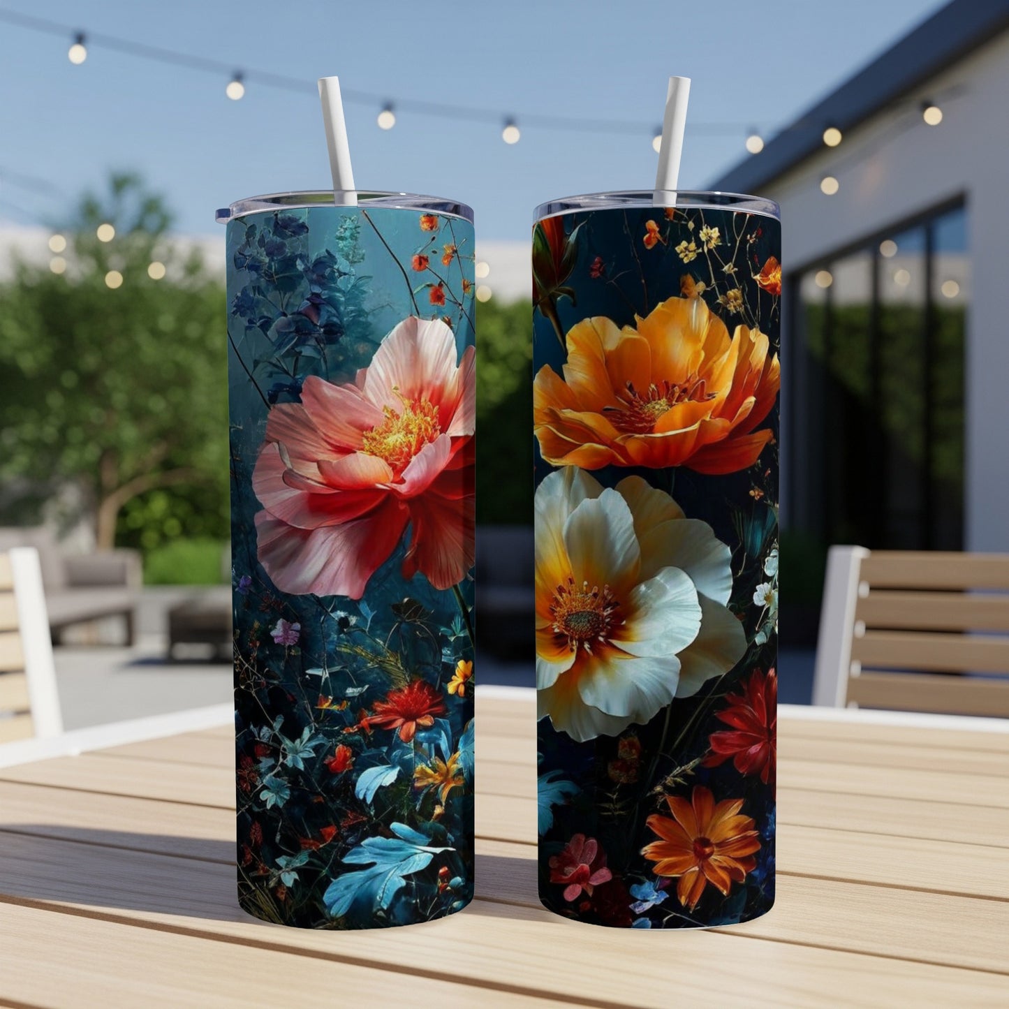 Two tall tumblers with vibrant floral and botanical patterns.