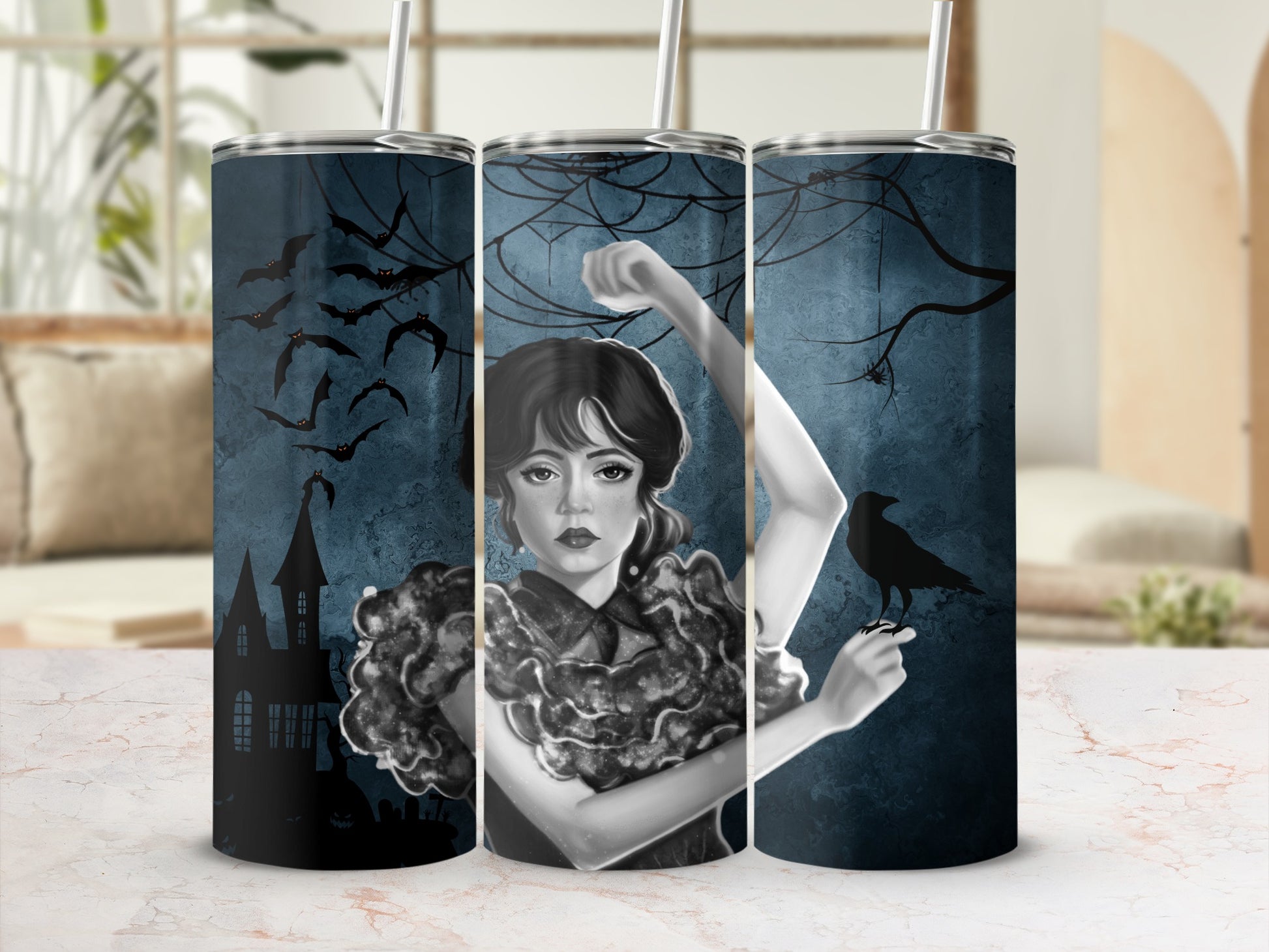 Gothic Mansion Bats and Woman Design Tumbler Product