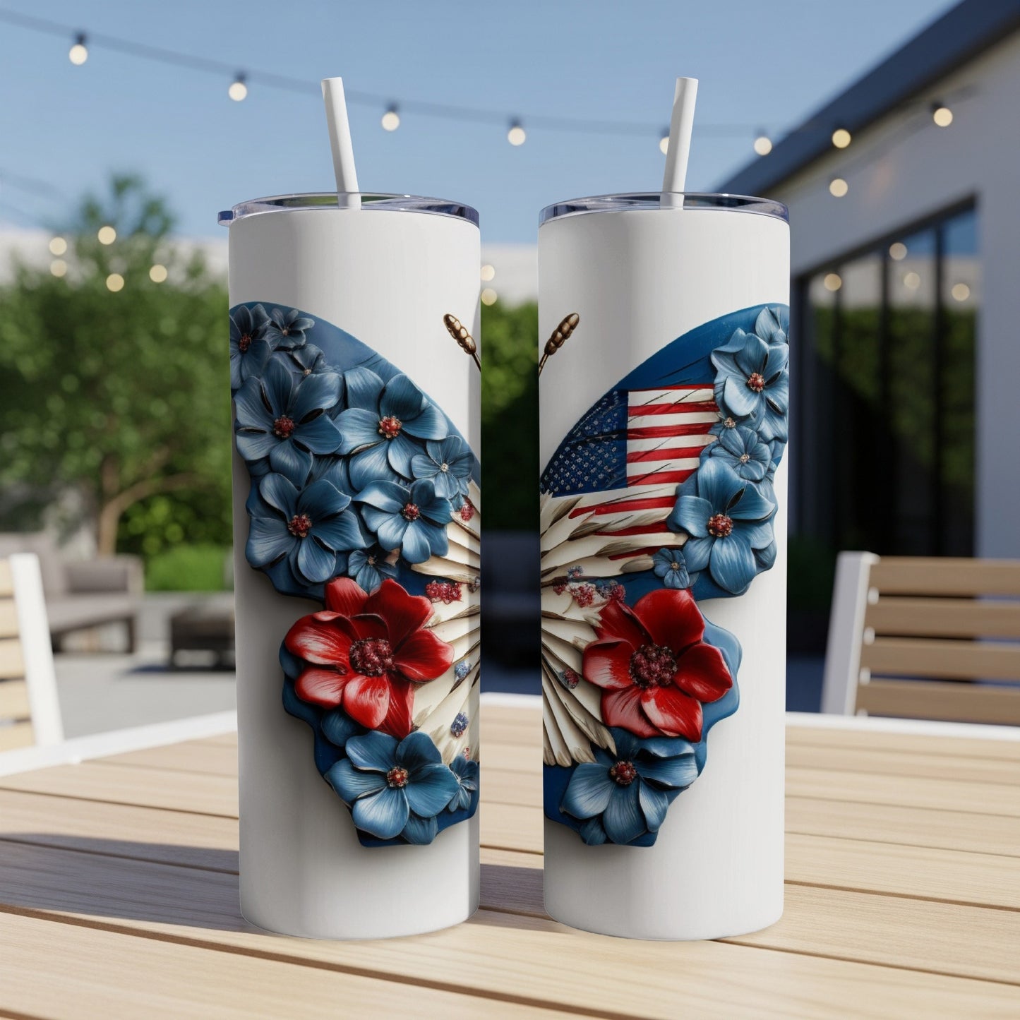 White tumblers with butterfly wing designs featuring American flag elements.