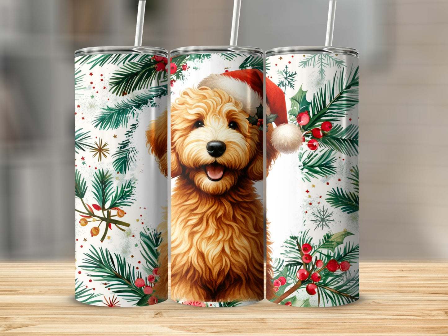 Goldendoodle wearing Santa hat with holiday greenery and berries.