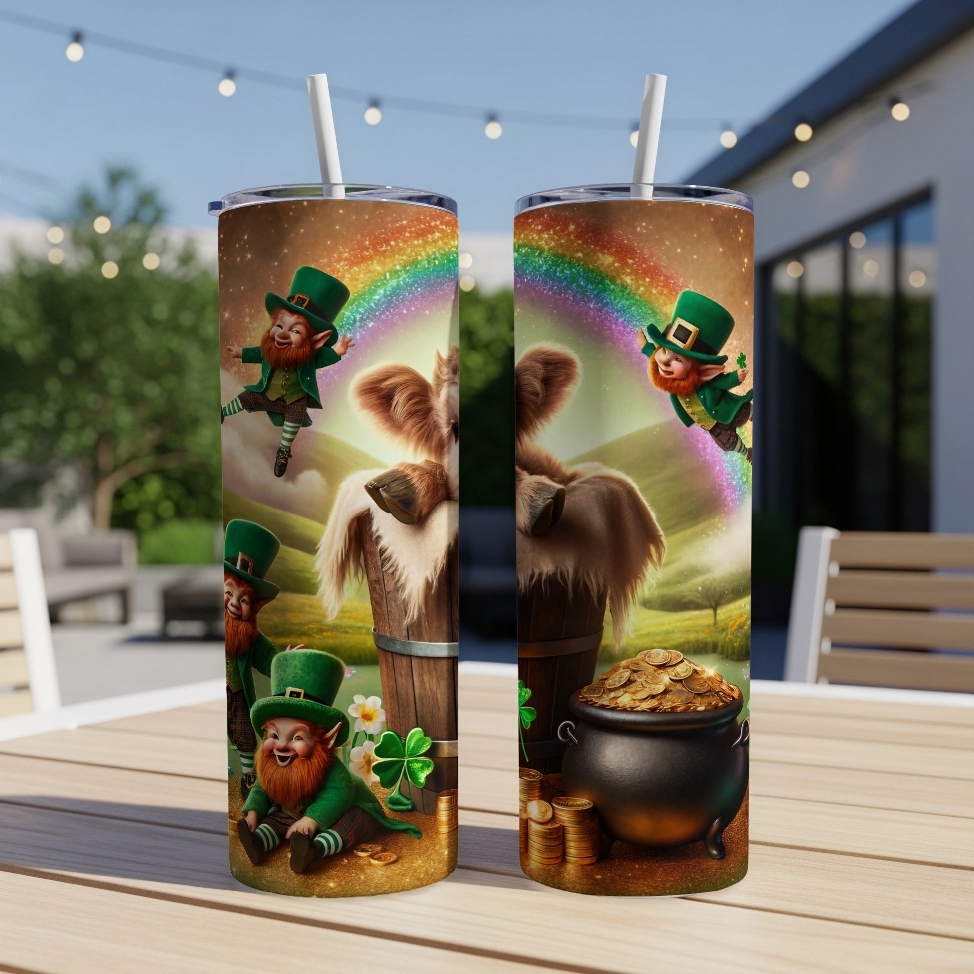 Two tumblers with St. Patrick's Day leprechauns and rainbow theme.