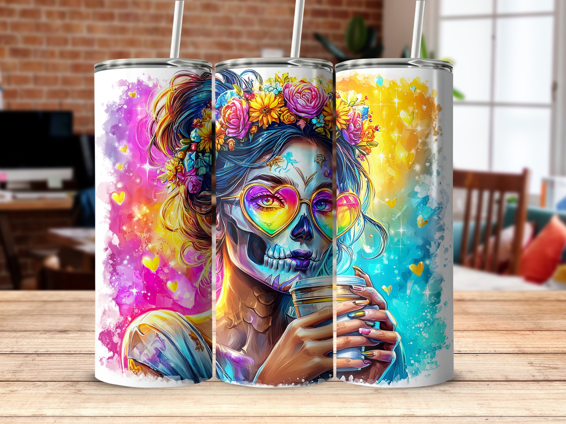 Colorful Floral Sugar Skull Print Insulated Tumbler
