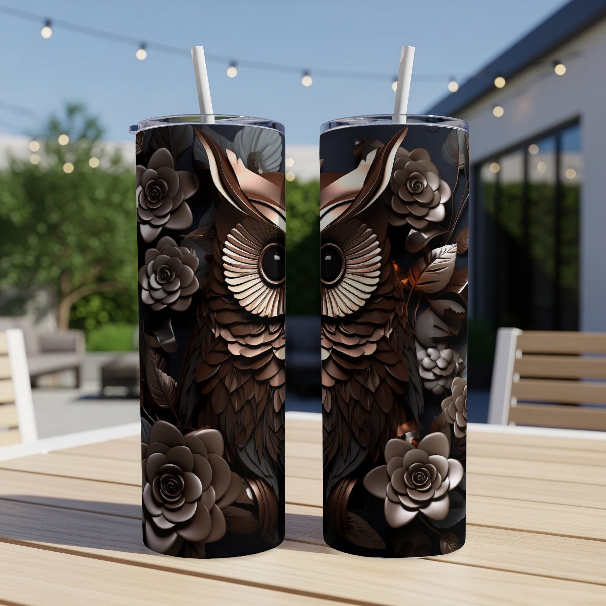 Two tall, skinny tumblers with a brown owl and floral pattern.