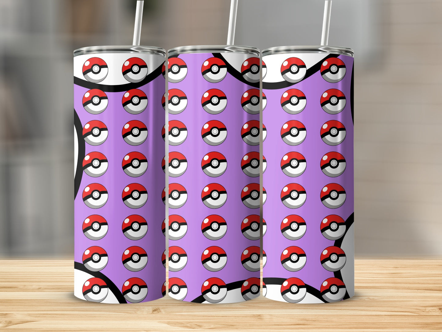 Purple Poké Ball Pattern Tumbler with Straws