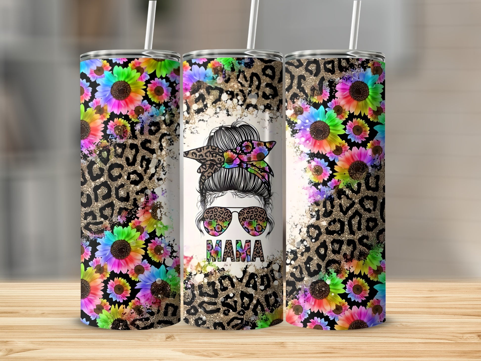 Leopard print tumbler with sunflowers and "Mama" text.